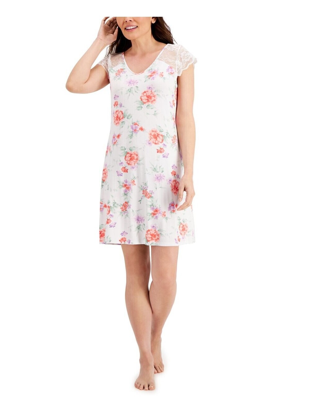Charter Club Womens Sleepwear Lace-Sleeve Chemise Nightgown Blossoms Size M